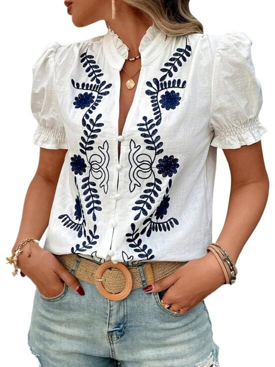 Tops - Women's Summer Top Ruffle V Neck Navy White Puff Short Sleeve Button Down Blouse
